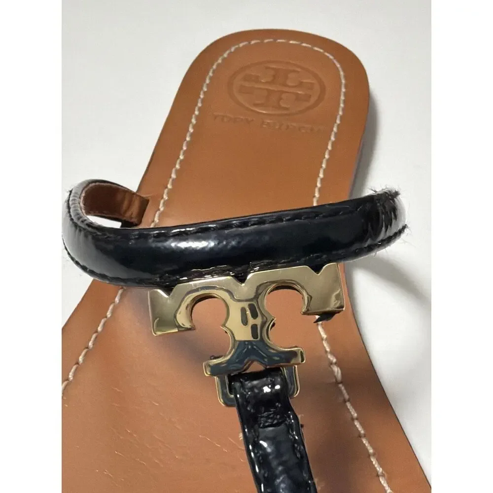 Tory Burch Black Leather Logo Thong Sandals Gold Double T Women’s 8.5